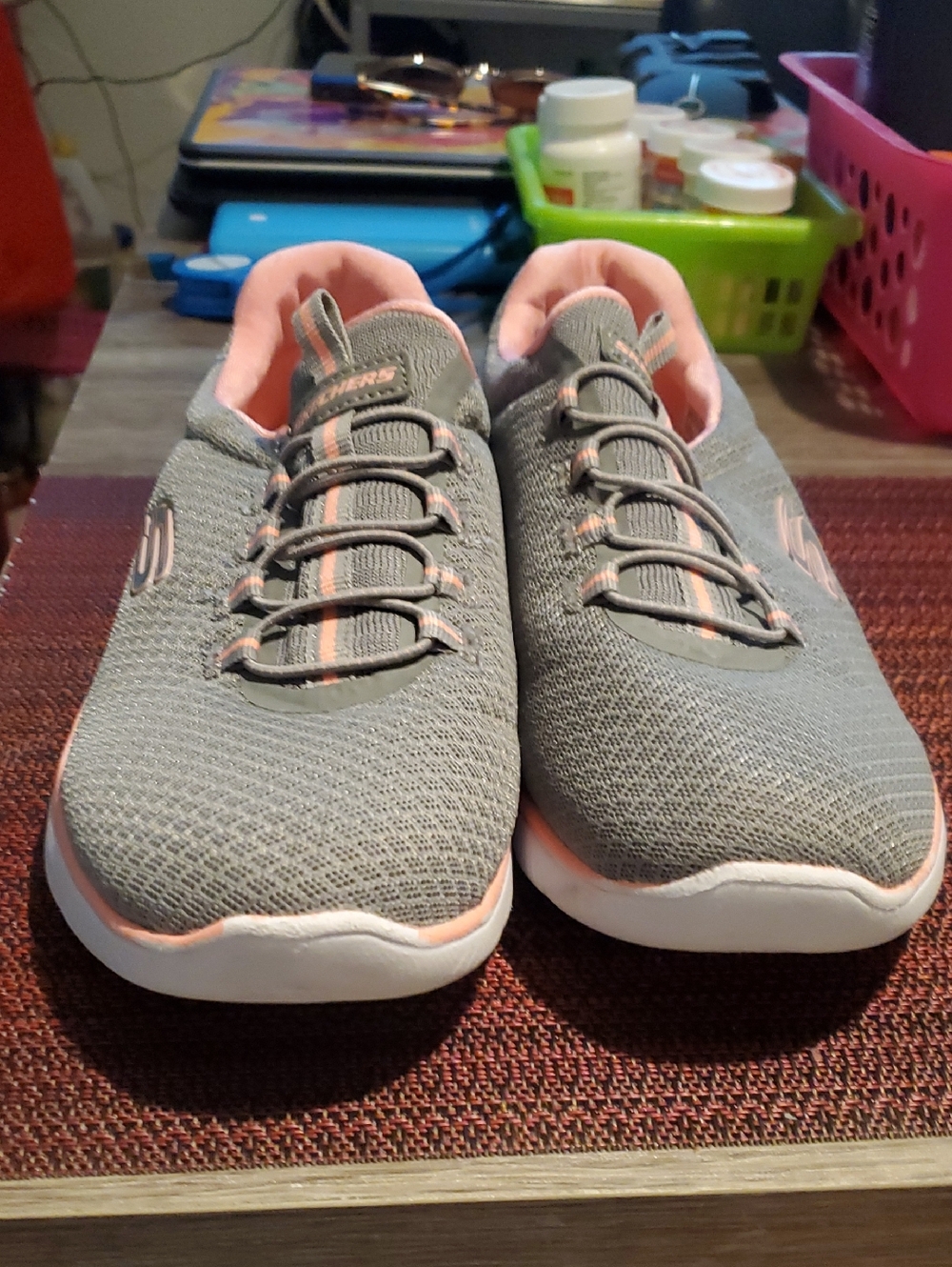 Skechers Women's Gray Athletic Slip-On Shoes with Pink Accents